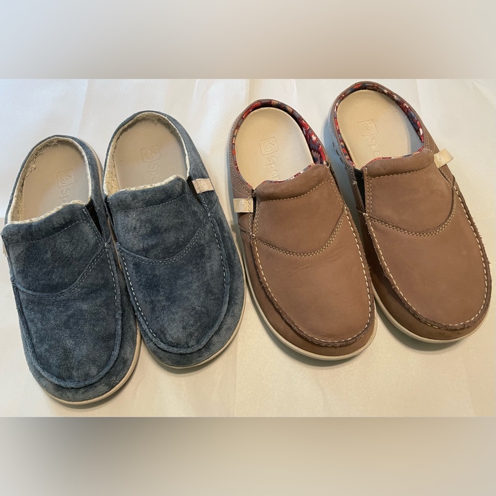 2 pair of ladies Spenco slides shoes blue/ brown 8wide